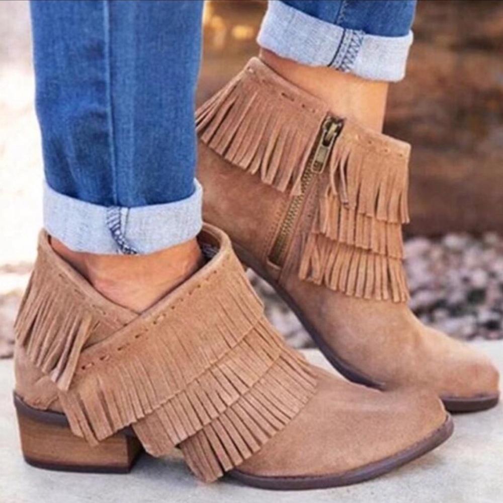 Fringe Bohemian Vegan Suede Tan Ankle Boots
